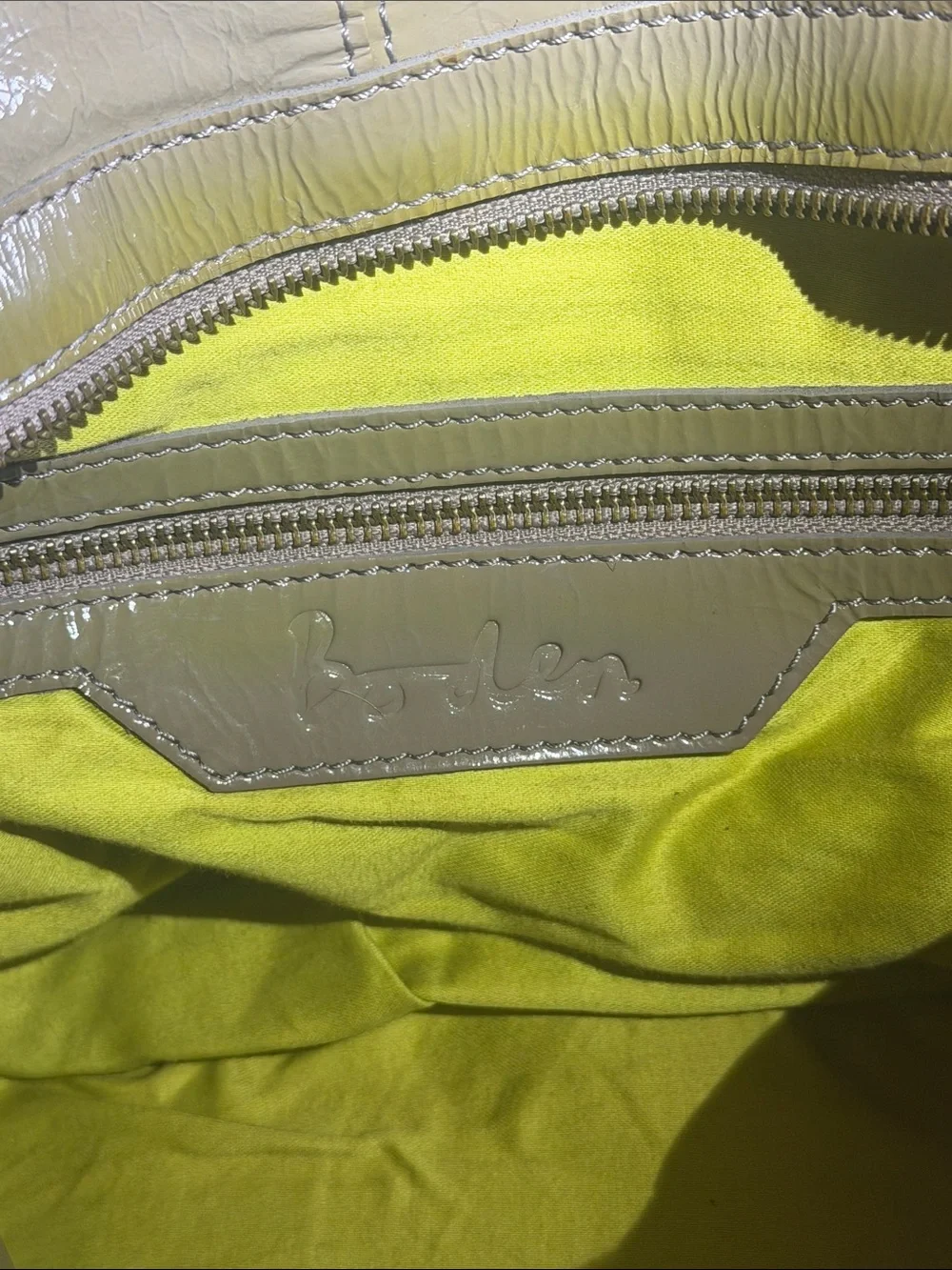 Boden Green Patent Satchel with Tan Leather Handles